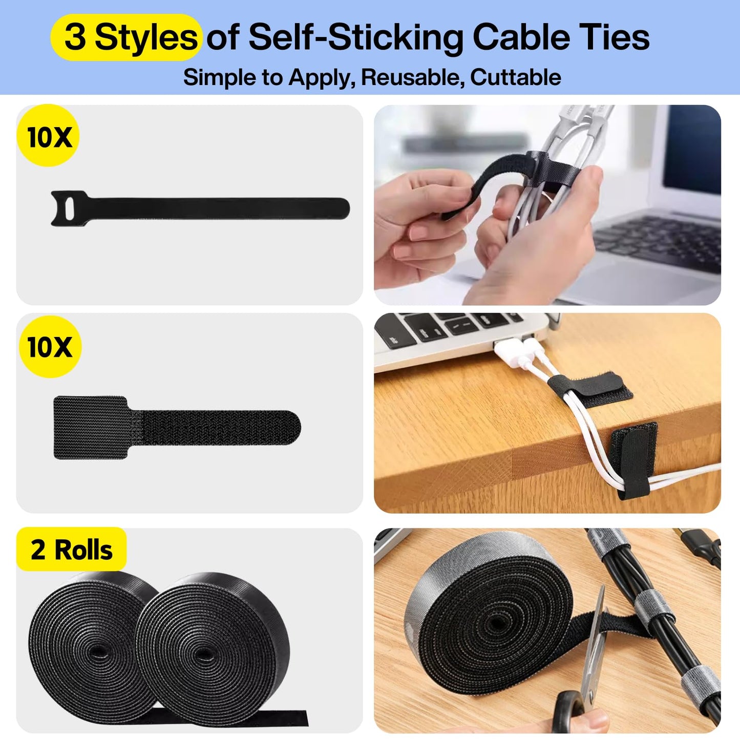[313Pcs] Cable Management Kit, 67 Adhesive Cable Clips, Topavatop Desk Cord Organizer, 22 Reusable Cable Strap, 4 Cable Sleeve Split, 200 Nylon Cable Zip Ties with 20 Mounts for TV Office Home, Black