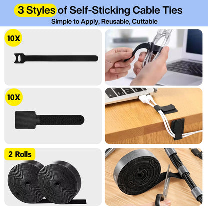 [313Pcs] Cable Management Kit, 67 Adhesive Cable Clips, Topavatop Desk Cord Organizer, 22 Reusable Cable Strap, 4 Cable Sleeve Split, 200 Nylon Cable Zip Ties with 20 Mounts for TV Office Home, Black