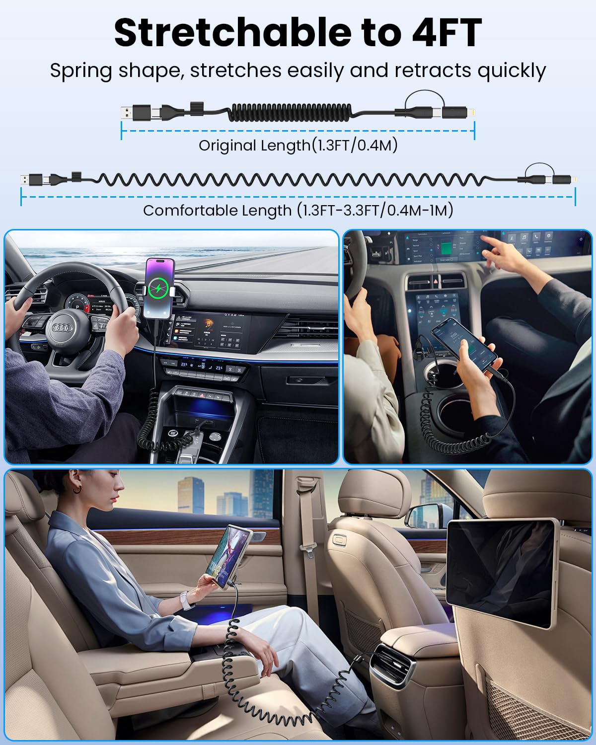 2-Pack Coiled USB Cable, USB to USB C and Lightn-ing Cable 4-in-1, Car Carplay Cable, Fast Charging Cord for iPhone 17 16 15 14 13 12, iPad, MacBook, Galaxy, Note & More - 4ft/Black