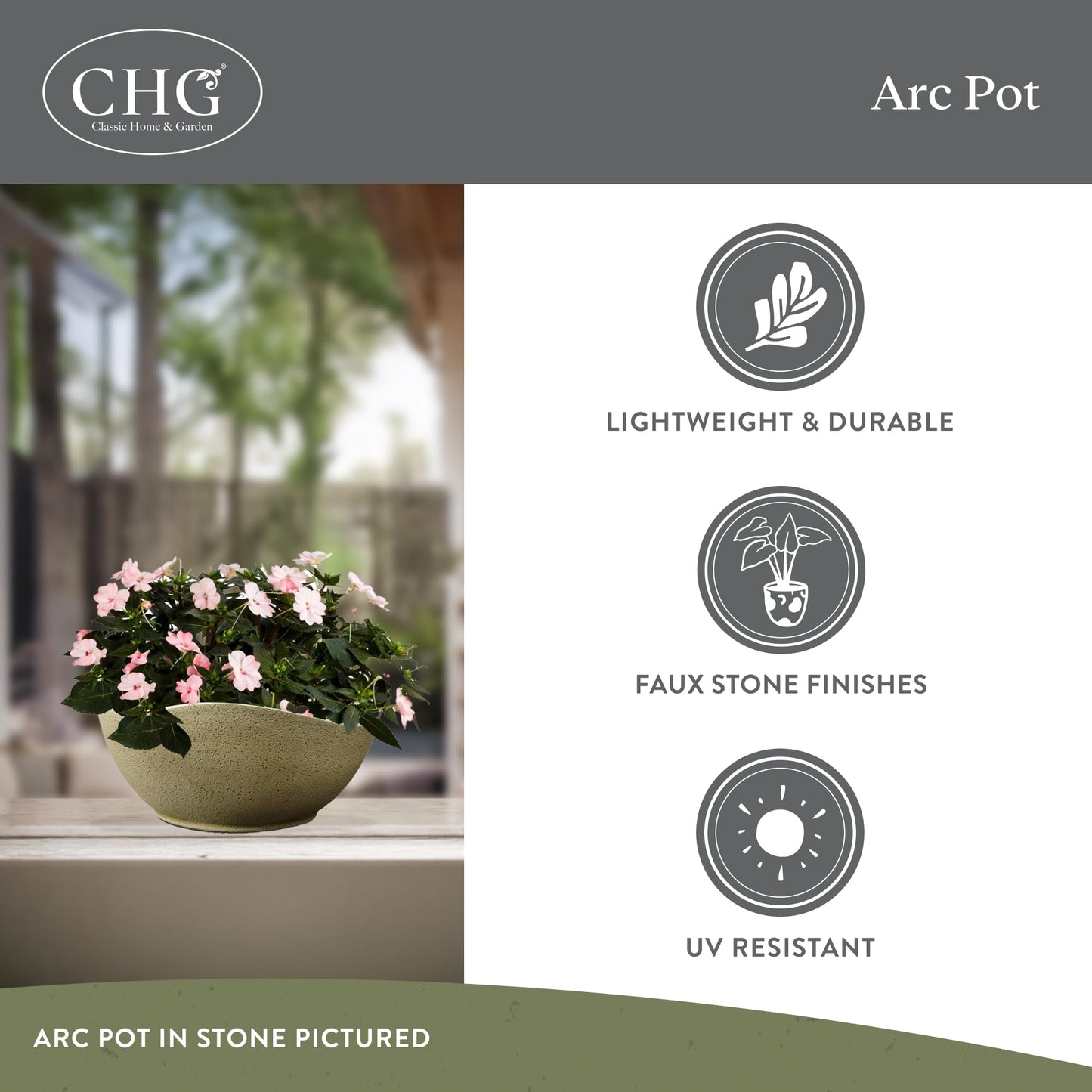 Classic Home and Garden Arc Unique Planter Bowl w/Drain Plug - UV Resistant Shallow Planter - Modern Plant Pot for Herbs (12” Concrete)