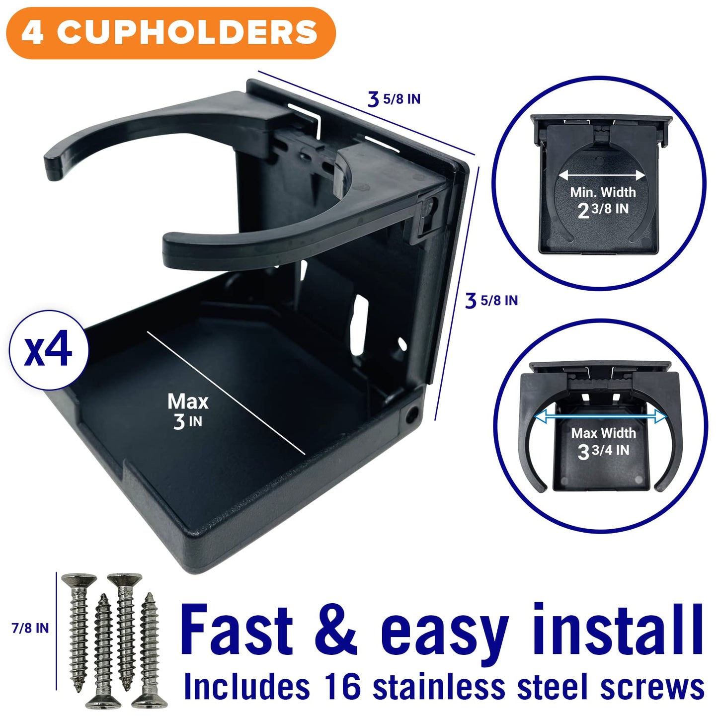 Boat Cup Holder, Set of 4 Folding Drink Holders, Wall Mountable for Boat, RV, and Motorhome, Marine Grade, Black Color