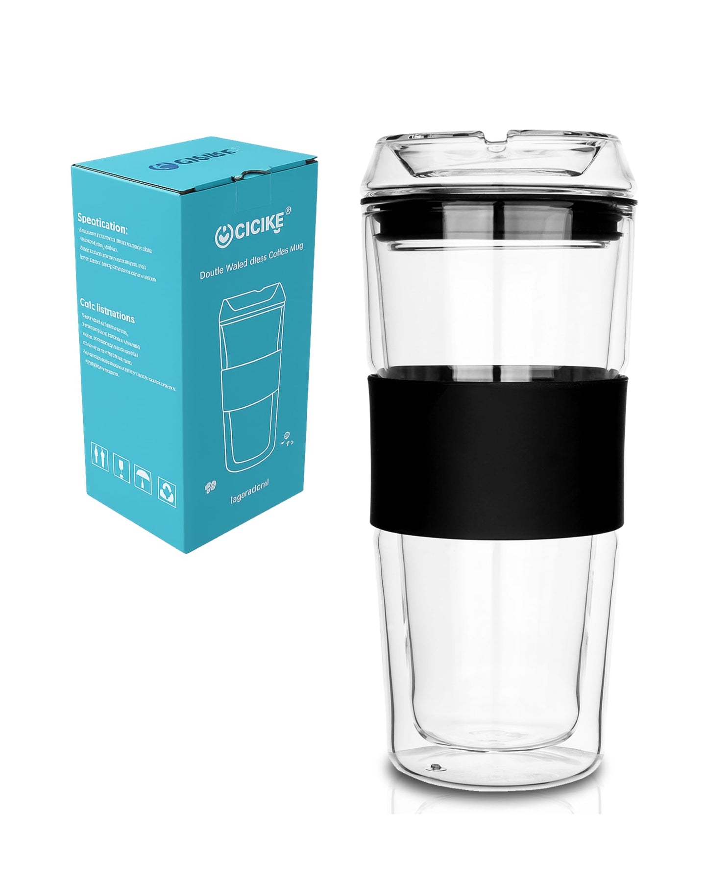 400ml Glass Travel Mug with Full Glass Lid - Double Wall Insulated Coffee Cup - Non-Slip Silicone Sleeve for Car, Commute - Reusable Tea Tumbler (Plastic-Free)