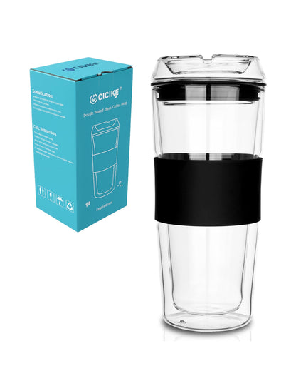400ml Glass Travel Mug with Full Glass Lid - Double Wall Insulated Coffee Cup - Non-Slip Silicone Sleeve for Car, Commute - Reusable Tea Tumbler (Plastic-Free)
