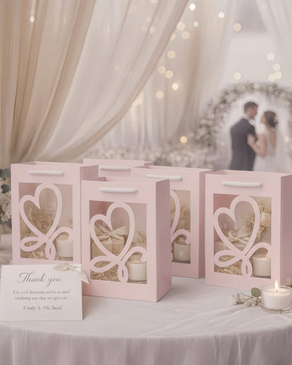 VAGREEZ Gift Bags with Window and Handles 15 Pack | Reusable, Transparent Heart Cutout Design, Medium Size, Bulk, Elegant Paper Gift Bags | Ideal for Party Favors, Wedding, Bridal Shower, Valentine’s Day, Mother's Day, Birthday And Special Occasions | Pin