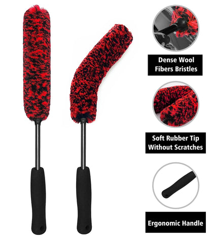 YeewayVeh 4Pack Car Wheel Cleaning Kit, Bendable Wheel Brush and Microfiber Rim Cleaner Brush, Tire Brush and Car Detailing Brush, Soft & No-Scratch Auto Wheels Cleaning Set for All Wheel Types, Red