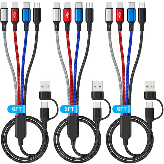 4 in 2 Multi Charging Cable, 3Pack 6FT Multi USB Cables, Chargers for Multiple Devices Nylon Braided USB A/C to 2*Lighting/Typc C/Micro USB Port Universal Charging Cable Multiple Ends for Phone