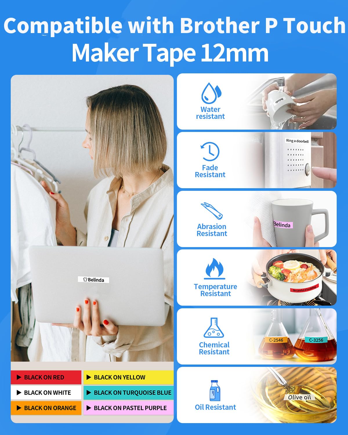 6 Pack Label Maker Tape 12mm Compatible with Brother P Touch D210 D220 D410 H100 H111 H200BP P700 P710BT P750W D610BT, Compatible with Tze Tz Tape 12mm Purple/Turquoise Blue/Orange/Yellow/Red/White