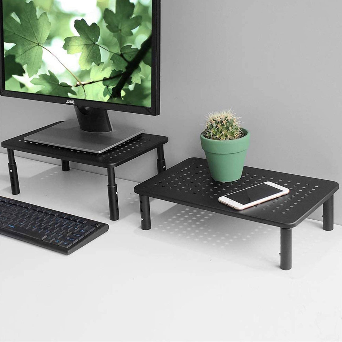 Bracwiser Monitor Stand Riser,3 Level Height Adjustable Desktop monitor stand for Computer, Laptop, Printer, Notebook with Vented Metal Platform 370X235MM 2 Packs,Black