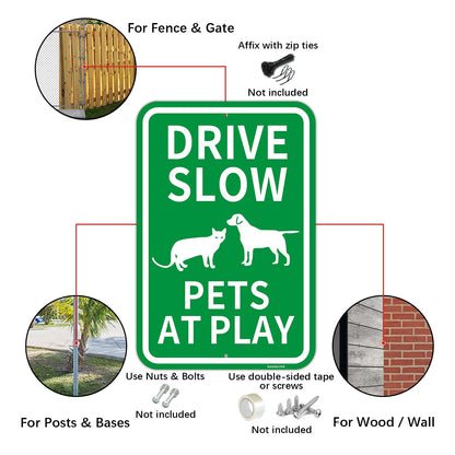 2 Pcs "Drive Slow - Pets At Play" Sign, 12" x 18" Engineer Grade Reflective Aluminum,Fade Resistant, Waterproof, Dustproof, UV-Resistant and Durable