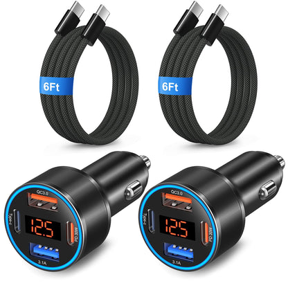 USB C Car Charger 65W, 4-Port QC PD 3.0 Super Fast Charging Cigarette Lighter Adapter Dual 12V USB-C & USB-A Car Phone Charger Plug for iPhone 17 16e 15 Pro Max Galaxy Pixel Android+6FT Type C Cable