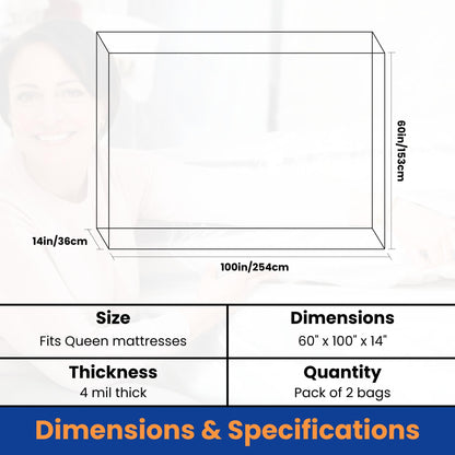 VICMORE 2-Pack 4 Mil Queen Mattress Bags for Moving & Storage, Heavy-Duty Plastic Covers, Dustproof & Tear-Resistant (60" x 100" x 14")