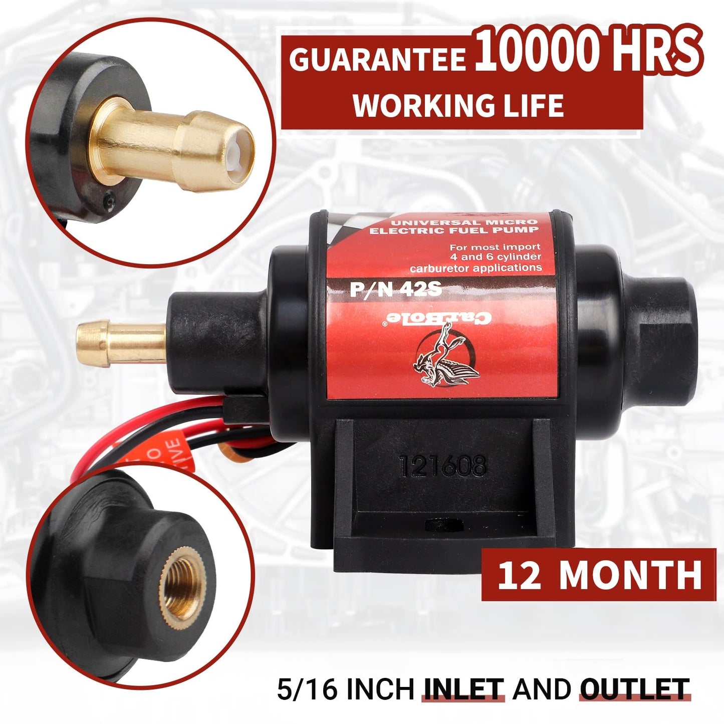 CarBole Gasoline Electric Fuel Pump Universal 5/16 Inch Inlet and Outlet Inline 12V 1-2A 28GPH 2-3.5P.S.I. Operating Fuel Pressure