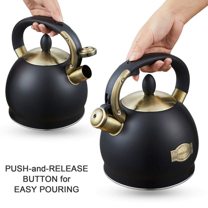 Stove Top Whistling Tea Kettle- Stainless Steel Teakettle Teapot with Ergonomic Handle 2.6 Quart(Black)