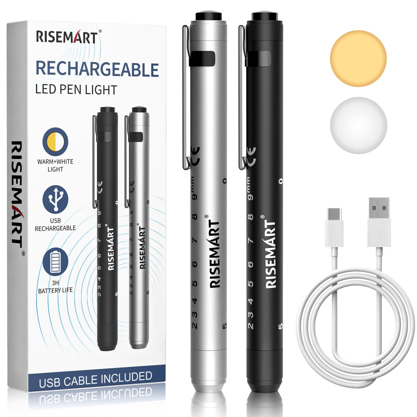 RISEMART Pen Light for Nurse, 2Packs Rechargeable LED Medical Pen Light, Warm&Cool White Light, Portable Medical PenLight for Nurse, Doctor, First Aid, EMT, Nursing,Nursing Student (Black+Silver)