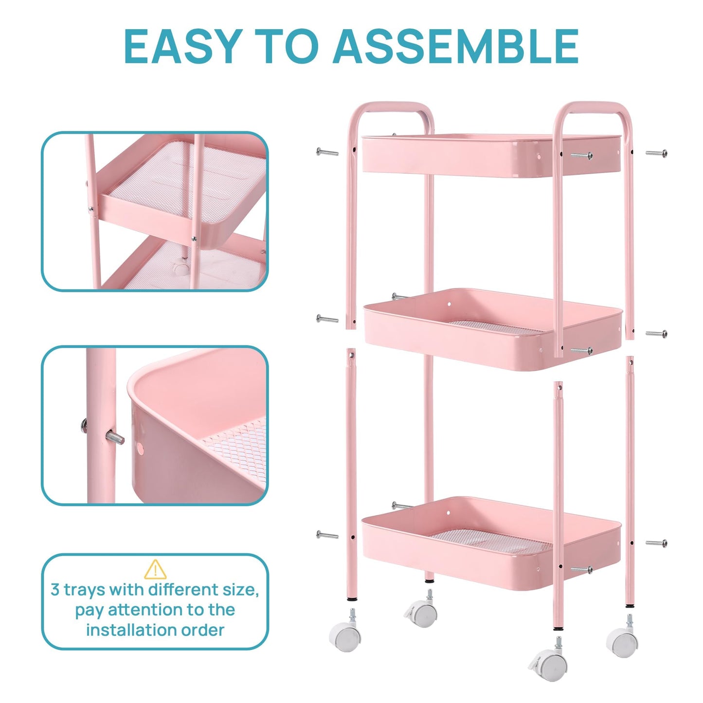3 Tier Metal Rolling Cart with Wheels, Utility Storage Cart with Handle and Lockable Casters, Storage Basket Organizer Shelves, Easy Assemble for Kitchen, Living Room, Office, Nursery, White (Pink)
