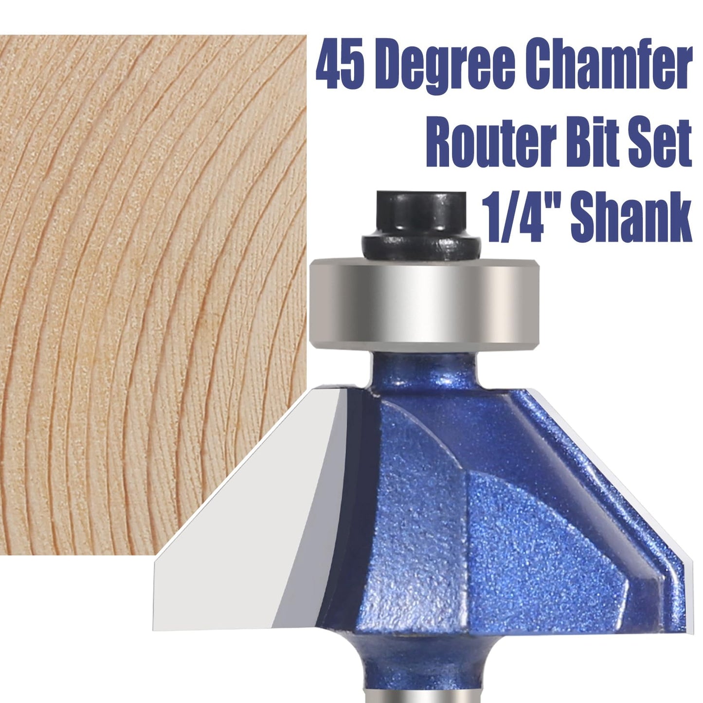 Vearter 4PCS 45 Degree Chamfer Router Bit Set, 1/4'' Shank Carbide Edge Bevel Forming Milling Cutter, DIYer Tool for Woodworking, Wood Profiling, Edging (1/2", 3/8", 5/16", 1/4" Bevel Length)