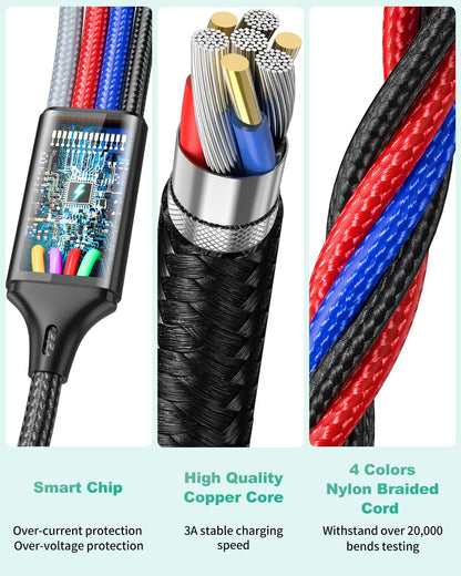 4 in 2 Multi Charging Cable, 3Pack 6FT Multi USB Cables, Chargers for Multiple Devices Nylon Braided USB A/C to 2*Lighting/Typc C/Micro USB Port Universal Charging Cable Multiple Ends for Phone