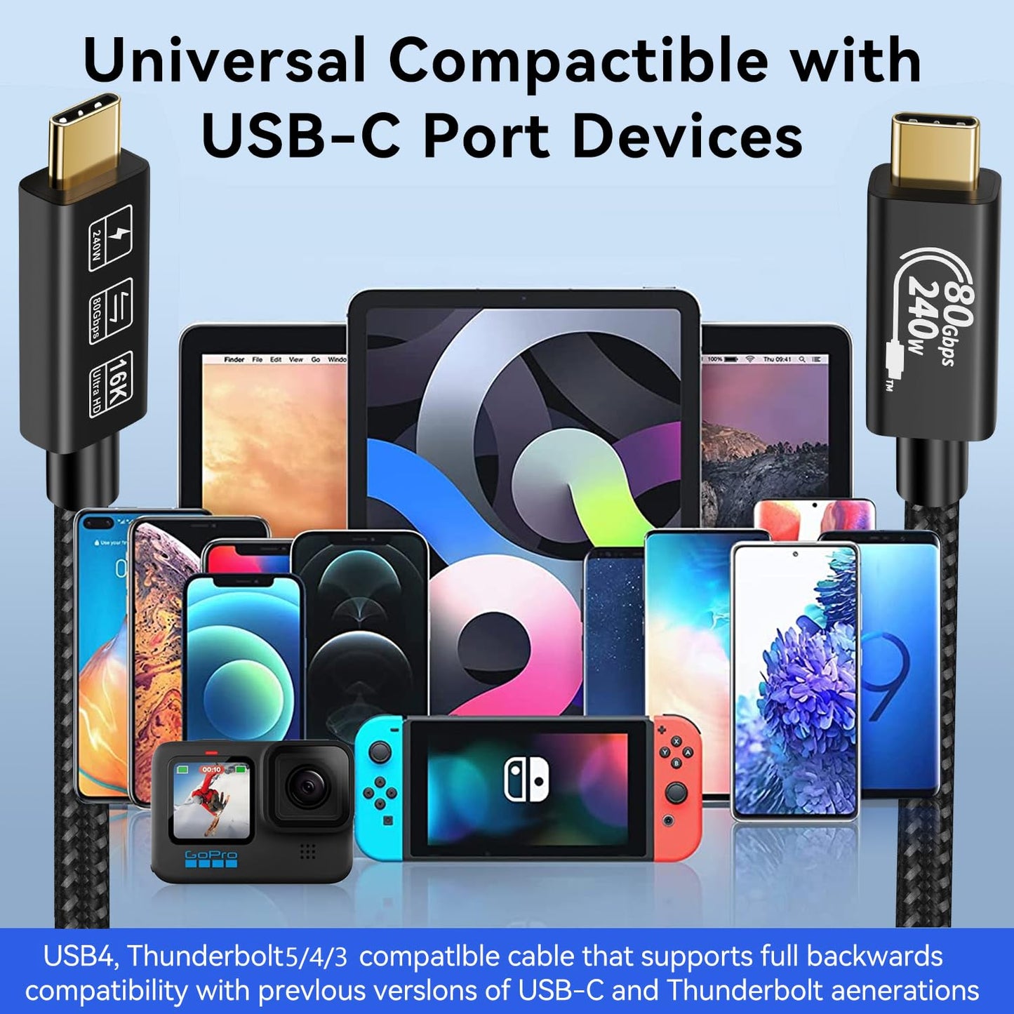 YIWENTEC 80Gbps Thunderbolt 5 Compatible Cable with up to 120Gbps Bandwidth Amplification and 240W Charging Power Compatible with Thunderbolt 4, USB 4 and USB-C