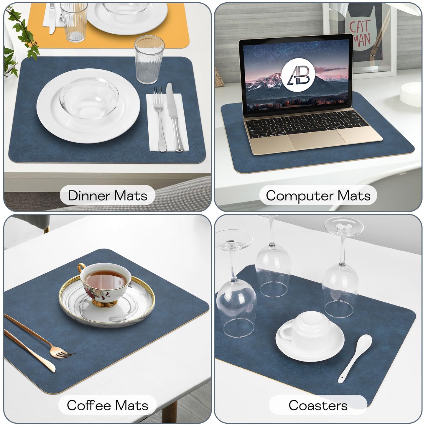 APLKER Leather Placemats Set of 6 Table Mats Heat Resistant Dual Sided Place Mats, Waterproof Wipeable Dining Vinyl Table Mats Set of 6 for Home Party Outdoor,16.9 x 11.8 inch - Navy/Yellow