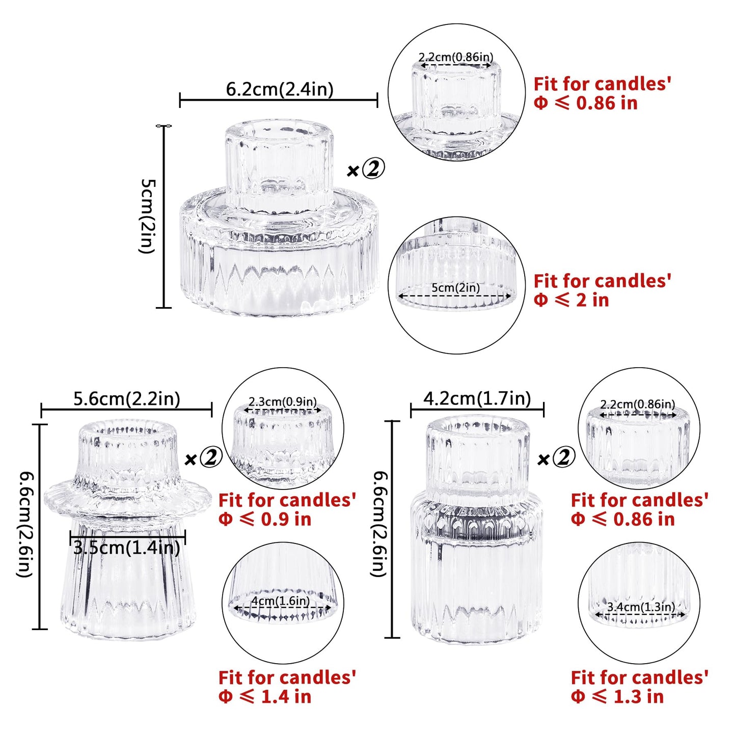 Toptime Candlestick Holders Set of 6, Ribbed Glass Taper Candle Holders, Reversible Clear Tealight & Candle Stick Candle Holder Vintage Crystal Tapered Candlestick for Wedding Dinner Party Festival