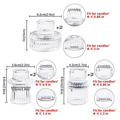 Toptime Candlestick Holders Set of 6, Ribbed Glass Taper Candle Holders, Reversible Clear Tealight & Candle Stick Candle Holder Vintage Crystal Tapered Candlestick for Wedding Dinner Party Festival