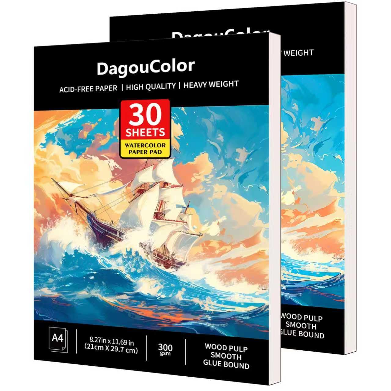 DagouColor Watercolor Paper Pad, A4, 2 Pack, 30 Sheets Each, 140lb/300gsm Cold-pressed Paper, Artist Book for Adults Kids, Painting, Drawing, Mixed Media