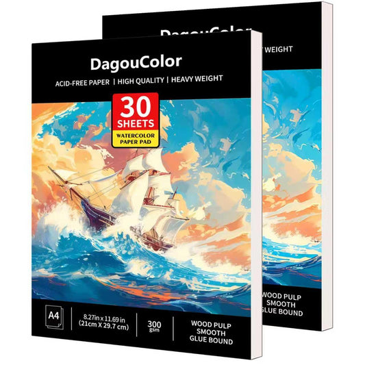 DagouColor Watercolor Paper Pad, A4, 2 Pack, 30 Sheets Each, 140lb/300gsm Cold-pressed Paper, Artist Book for Adults Kids, Painting, Drawing, Mixed Media