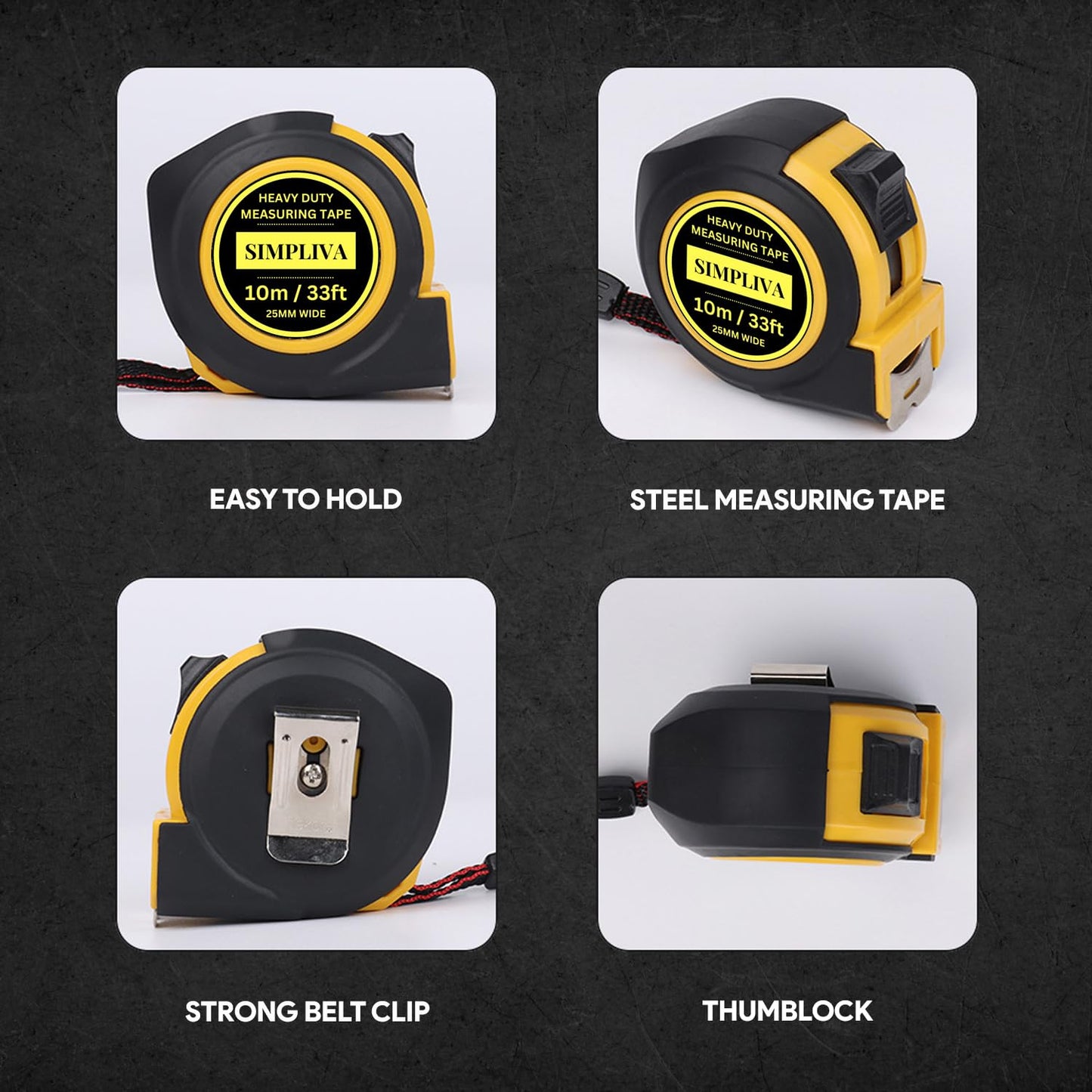 Simpliva Heavy Duty Tape Measure - 1 Inch Wide - Stainless Steel Measuring Tape - Retractable Measurement Tape - Imperial and Metric Tape Measure with Metal Belt Clip (2PACK(33FT))