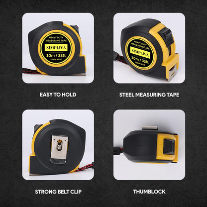 Simpliva Heavy Duty Tape Measure - 1 Inch Wide - Stainless Steel Measuring Tape - Retractable Measurement Tape - Imperial and Metric Tape Measure with Metal Belt Clip (2PACK(33FT))