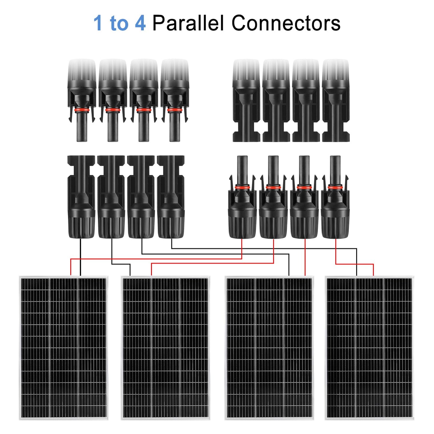 TCEUMIK Solar Panel Y Branch Connectors 1 Pair of 1 to 4 Parallel Connectors 1000V 30A Cable Wire Plug Tool Kit for Connecting Solar Panel(M/FFFF, F/MMMM) Red Black