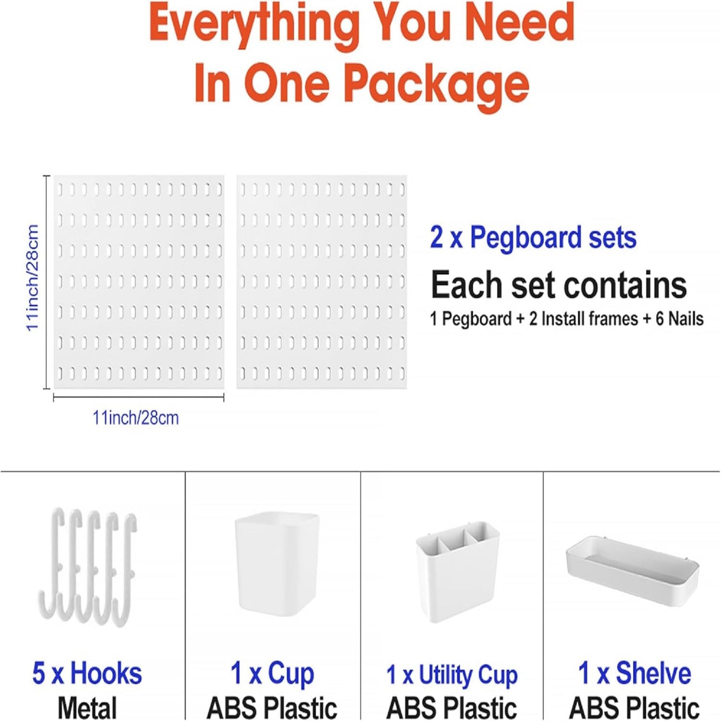 White Plastic Pegboard Organizer Wall Panel, Home Office Kitchen Garage Peg Board Wall Organizer Panels with Hooks Desk Adhesive Pegboards Rack Accessories Kit Display (2 Boards -8 Accessories)