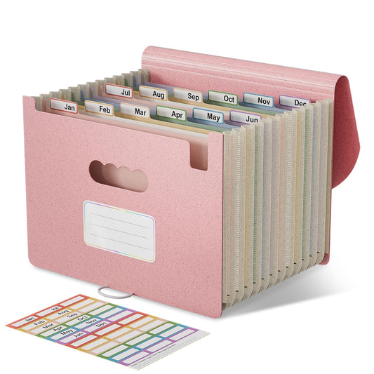 Accordion File Organizer, 13 Pockets Wheat Straw Expanding File Folder, Portable Monthly Paper Bill Tax Receipt Organizer, Letter A4 Size Document Holder with Colorful Tab - Strawberry Pink