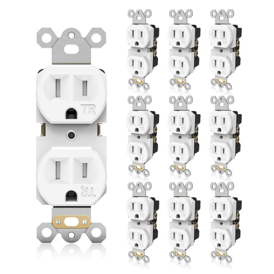 TOPELER Duplex Receptacle Outlet, 10Pack Standard Wall Outlet, 15A/125V/1875W, Tamper Resistant for Residential and Commercial Use, UL Listed, White