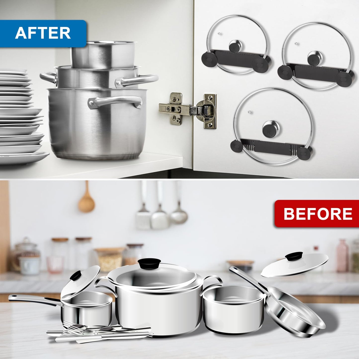 YONGAIJIA New Upgrade 4 Pack Adjustable Pot Lid Holder, Lid Organizer Fits 6" to 14" Lids, with Screw Hole Position and Sticky Wall Mounted Lid Storage Kitchen Cabinets, Cabinet Doors (Black)