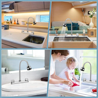 RV Kitchen Faucet, XFIRE-GEAR Camper Faucet Kitchen with Flexible Arc 360 Degree Rotatable Dual Function Sprayer, RV Sink Faucets for Motorhomes, Travel Trailers (8 Inches Apart)