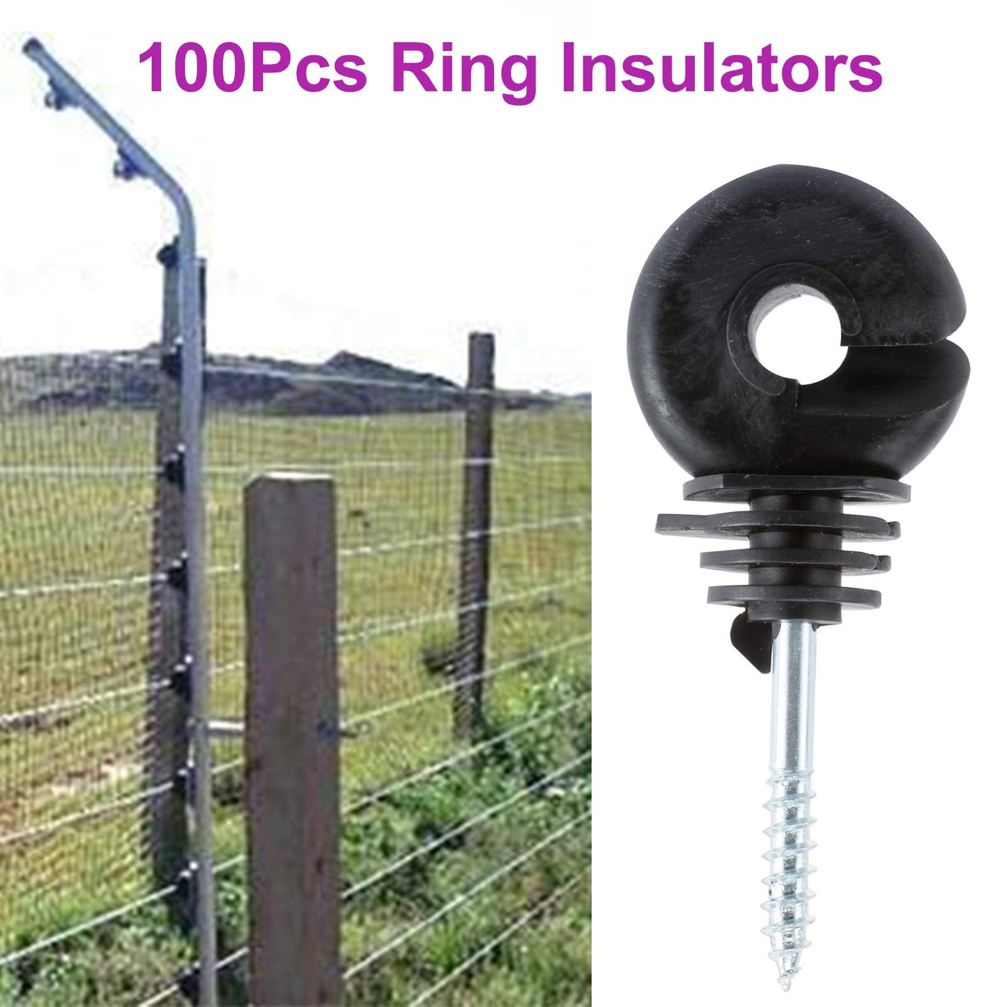 Yaegoo 100Pcs Electric Fence Ring Insulators, Screw-in Insulator Fence Ring Post Wood Post Insulator, Black