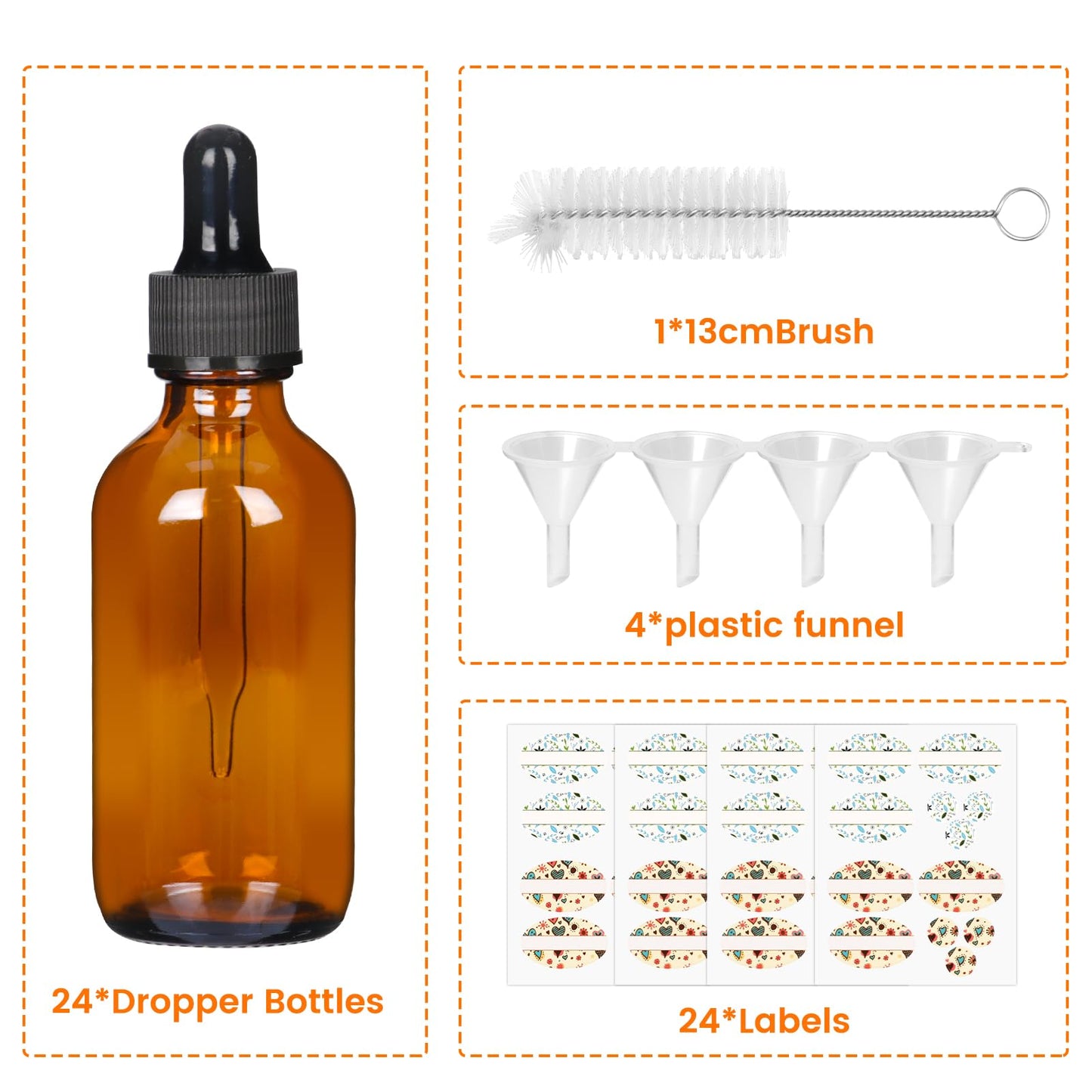 2 oz Amber Glass Dropper Bottles- 24 Pack Boston Bottle with Leakproof Caps for Essential Oils and DIY- Bonus 4 Funnels, 1 Brush＆24 Labels