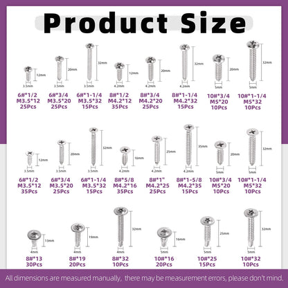 Swpeet 435Pcs 3 Types #6#8#10 SAE 304 Stainless Steel Round Pan Head and Phillips Flat Head Self Tapping Sheet Metal Screws Wood Screws with 410 Stainless Steel Truss Head Fast Self