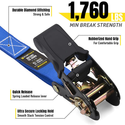 Stay There Ratchet Tie Down Straps 1'' x15', Ratchet Straps with S Hook - 1760lb Break Strength for Securing Motorcycle, Kayak, Truck with Rubber Handles, A Sturdy Bonus Bag & 4 Soft Loops Included