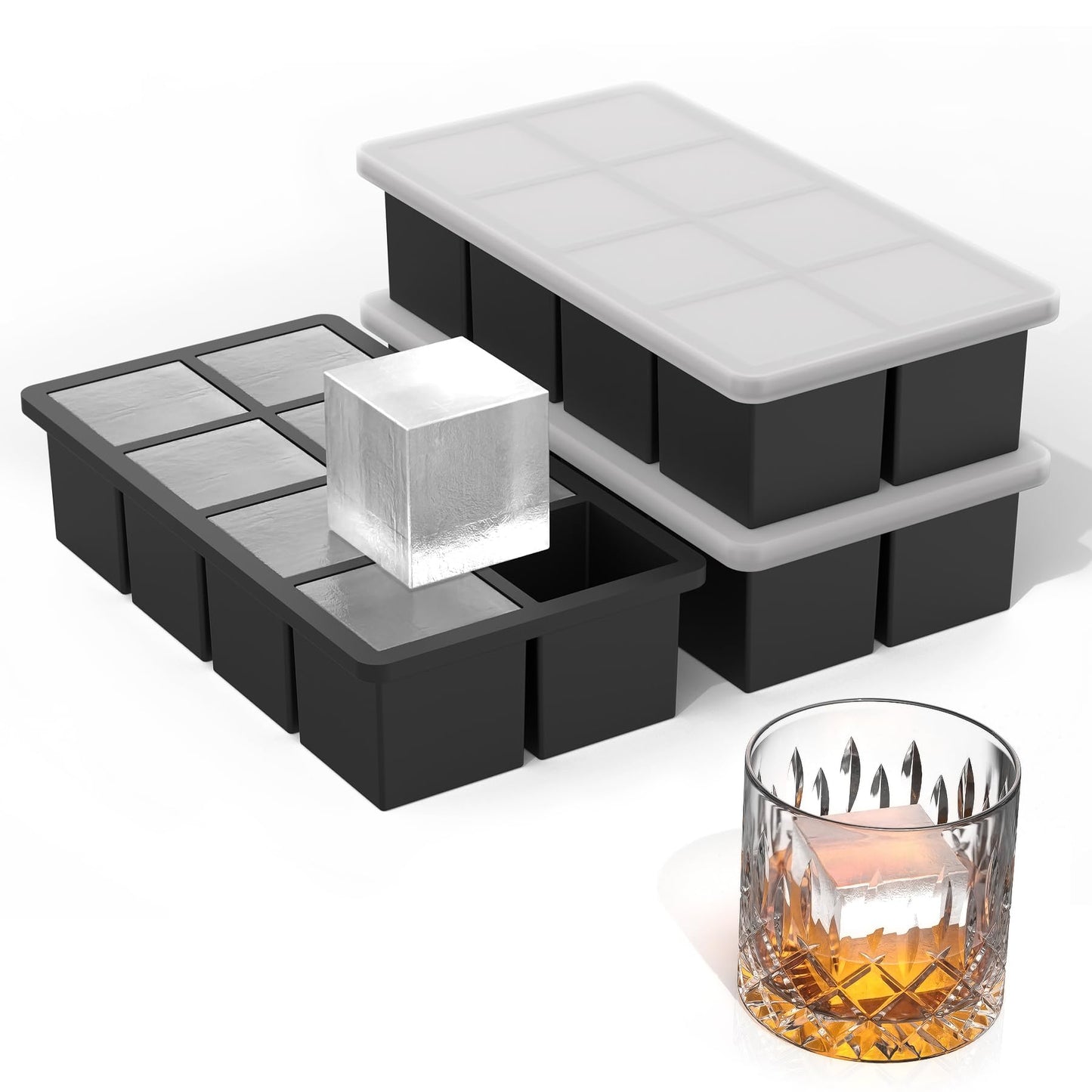 Bangp Silicone Ice Cube Trays with Metal Reinforced Frame(3 Pack),Large Ice Cube Tray with Lid,Easy Release Whiskey Ice Cubes Mold,Ice Trays for Freezer,Stackable Ice Cube Tray(Black)