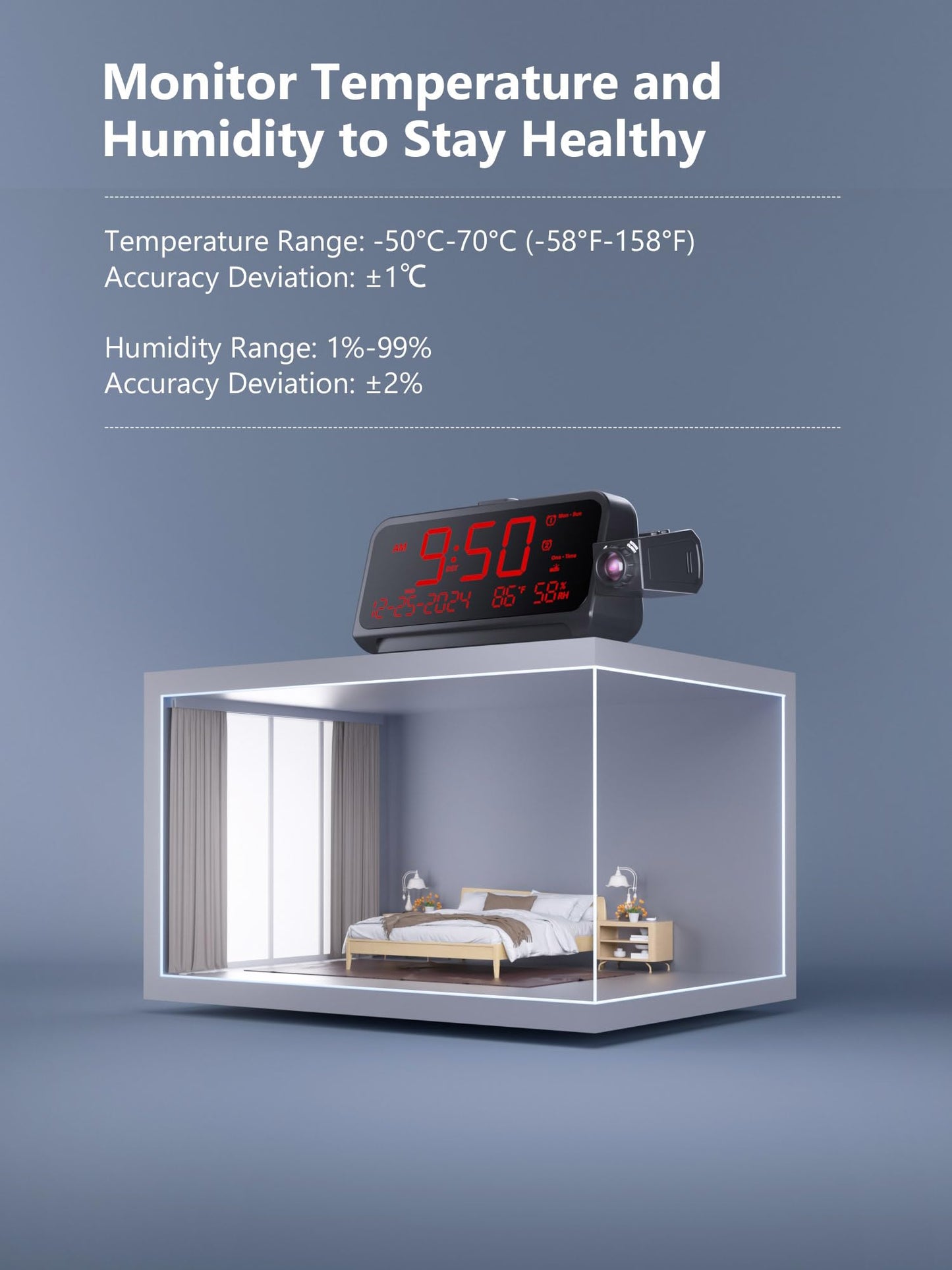 Projection Alarm Clock for Bedroom, Alarm Clock with 350° Rotatable Projector, 5 Brightness, Dual Alarm with Weekday/Weekend Mode, Temp & Humidity, Snooze, Bedside Alarm Clock for Heavy Sleepers（Red