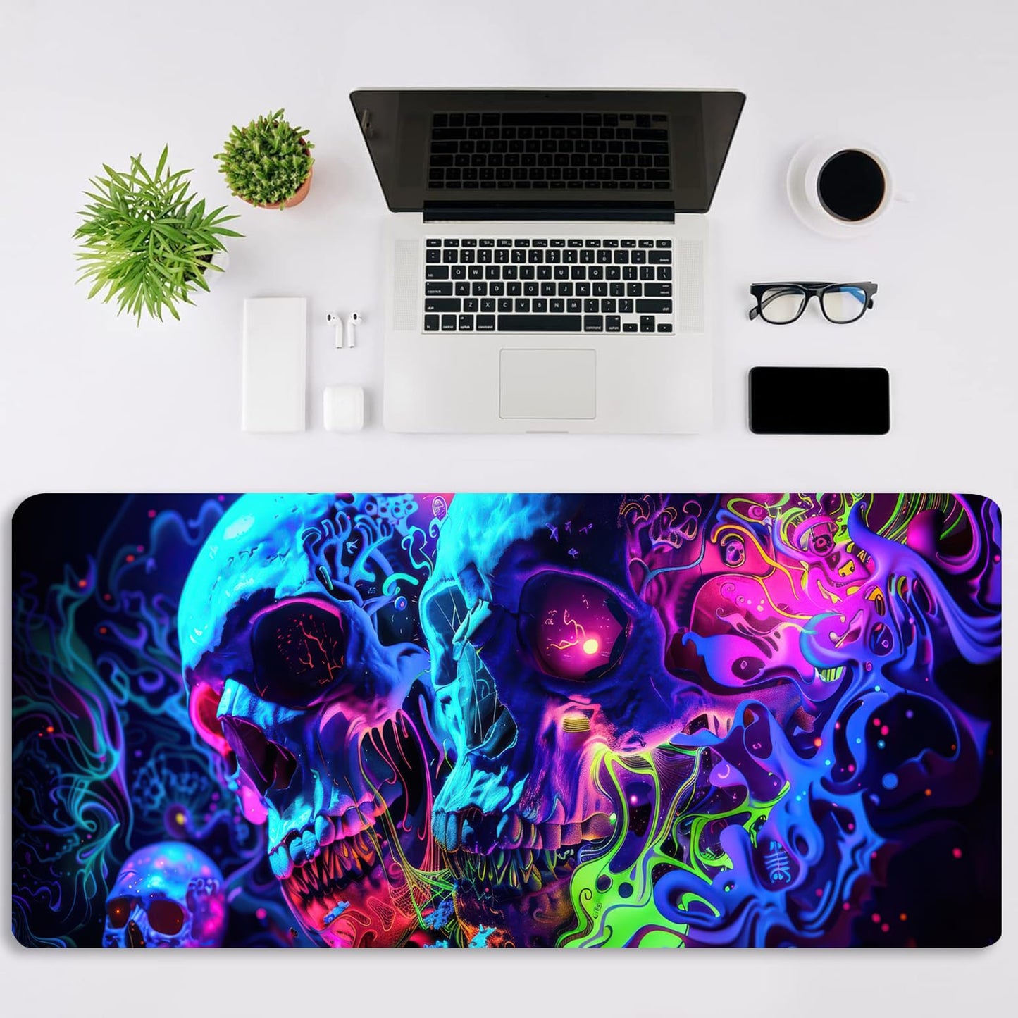 Simpkeely Horror Skull Mouse Pad, Large Waterproof Blacklight Colorful Skeleton Neon Gaming Non-Slip Rubber Base Mousemat, Glow in The Dark Abstract Desk Mat for Office Home - 31.5 x 11.8 inches