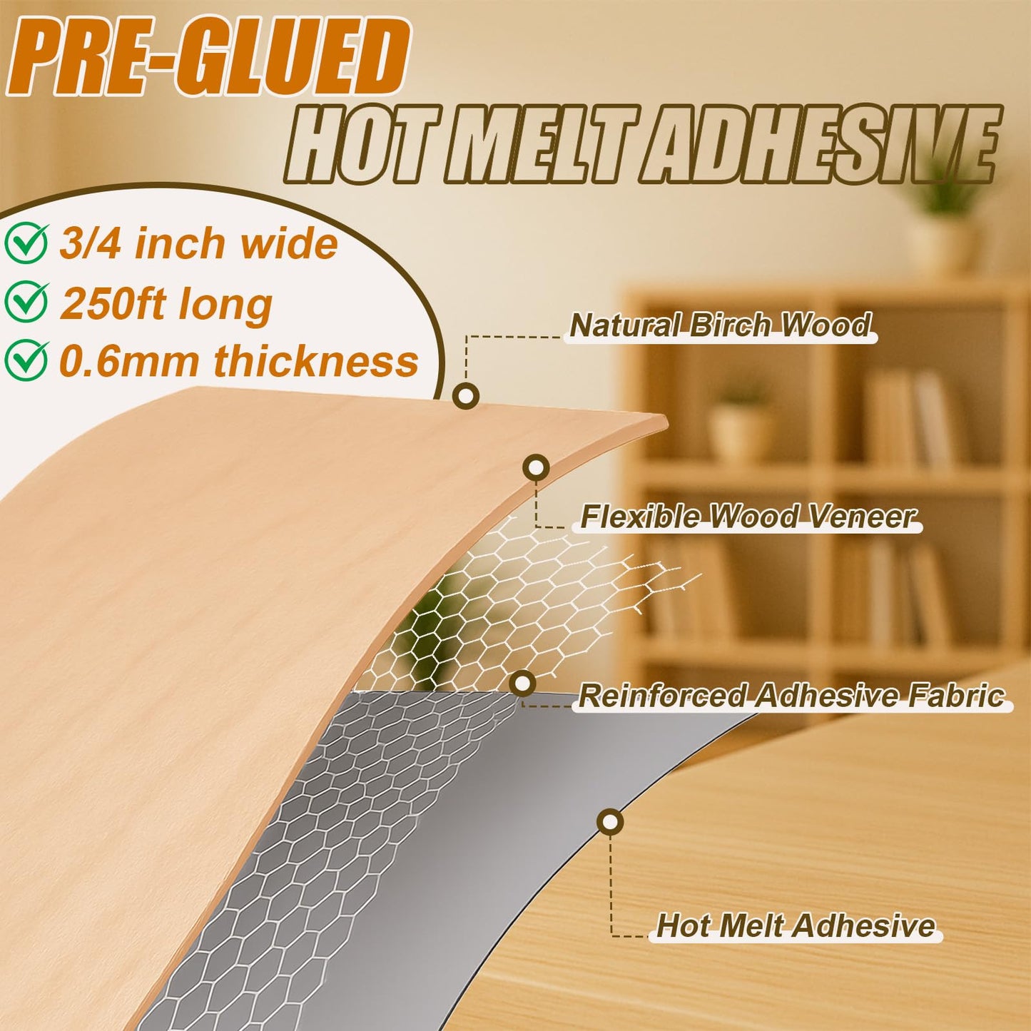 Birch Plywood Edge Banding, 3/4 Inch x 250 Feet Roll Wood Veneer Edge Banding, Birch Edge Banding with Hot Melt Adhesive, Preglued Wood Edging Tape for Furniture Restoration