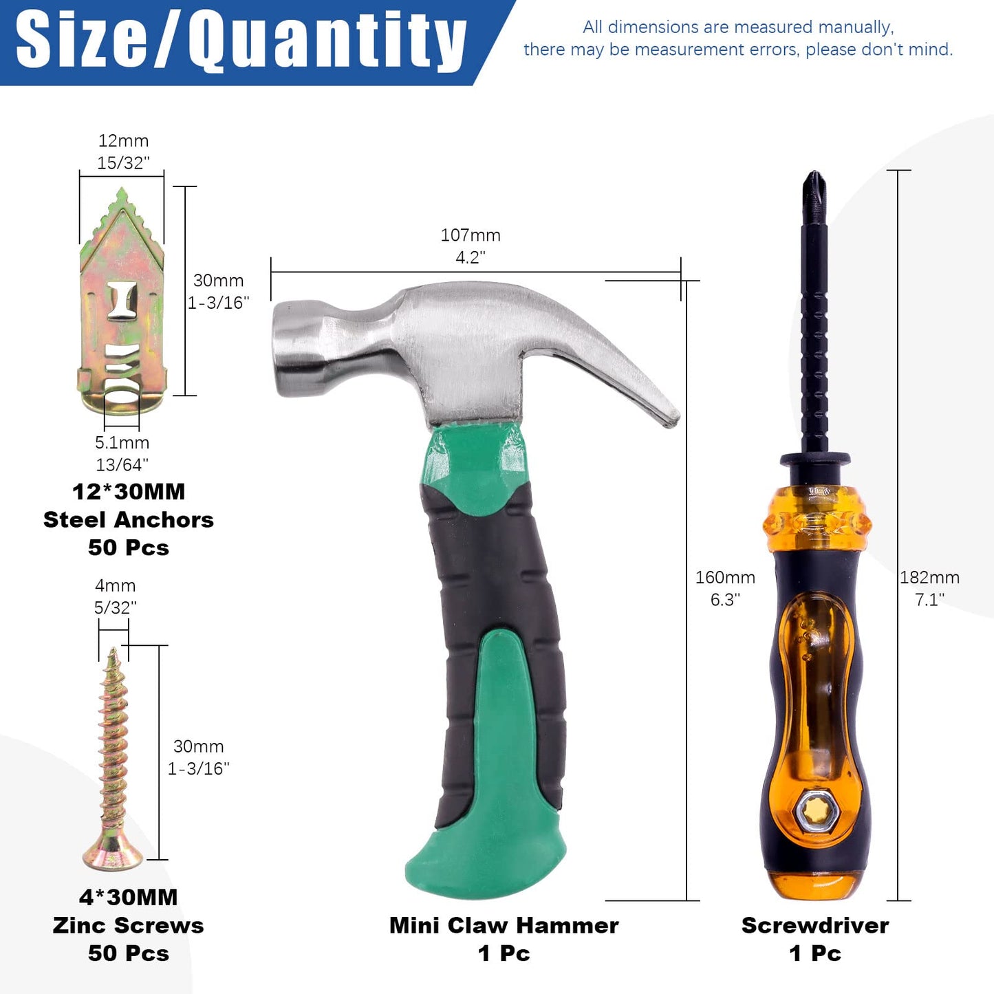 Glarks 52Pcs Self-Drilling Anchors with Screws Kit Including 50Pcs Drywall Anchors with Screws, 1Pc Mini Hammer and 1Pc Screw Driver for Hanging TV Shelf Strap Cabinet Decoration Fixing Curtain