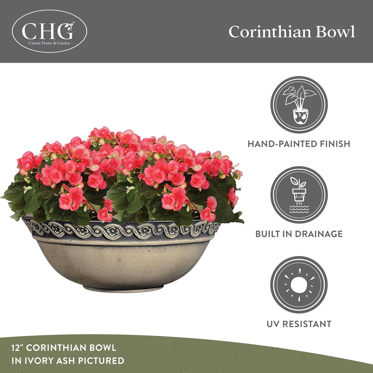 Corinthian Bowl 12" Planter, Ivory Ash