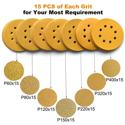 Aiyard 5-Inch 8-Hole Hook and Loop Sanding Discs, 60/80/120/150/220/320/400 Assorted Grits Gold Sanding Disc for Random Orbital Sander, 105-Pack