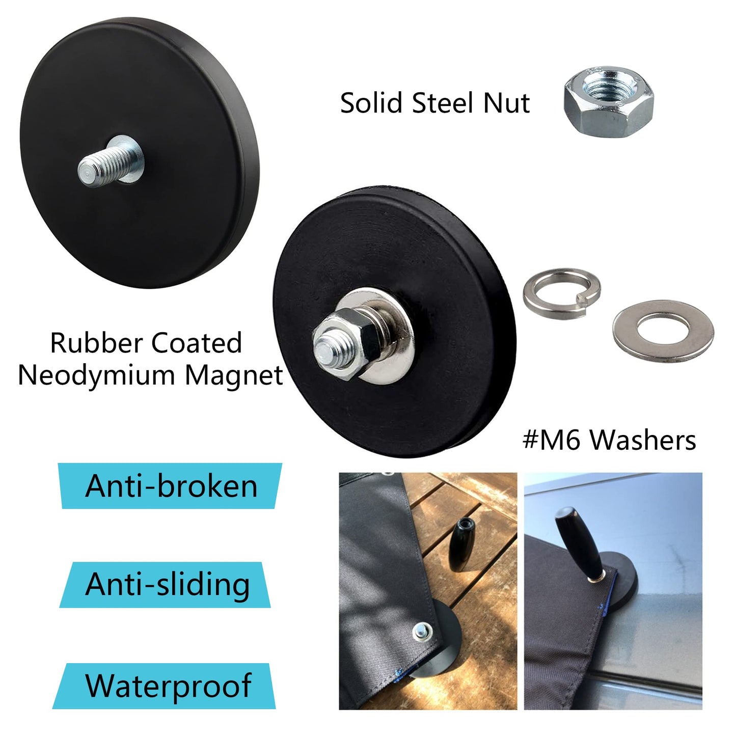 ULIBERMAGNET 4Pack Anti-Scratch Mounting Magnet Strong 24LB M6 Male Thread Stud,Anti-Slip Rubber Coated Neodymium Rare Earth Magnets with Stud for Camera LED Lighting Bracket