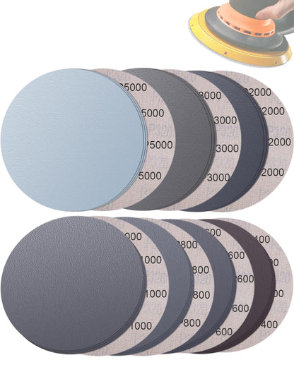 70Pcs 6 Inch Wet Dry Sanding Paper Discs Hook and Loop, 5000 3000 2000 1000 800 600 400 Fine Grit Sandpaper for DA Random Orbital Sander, Sandpaper Assortment for Automotive Wood Metal Glass Polishing