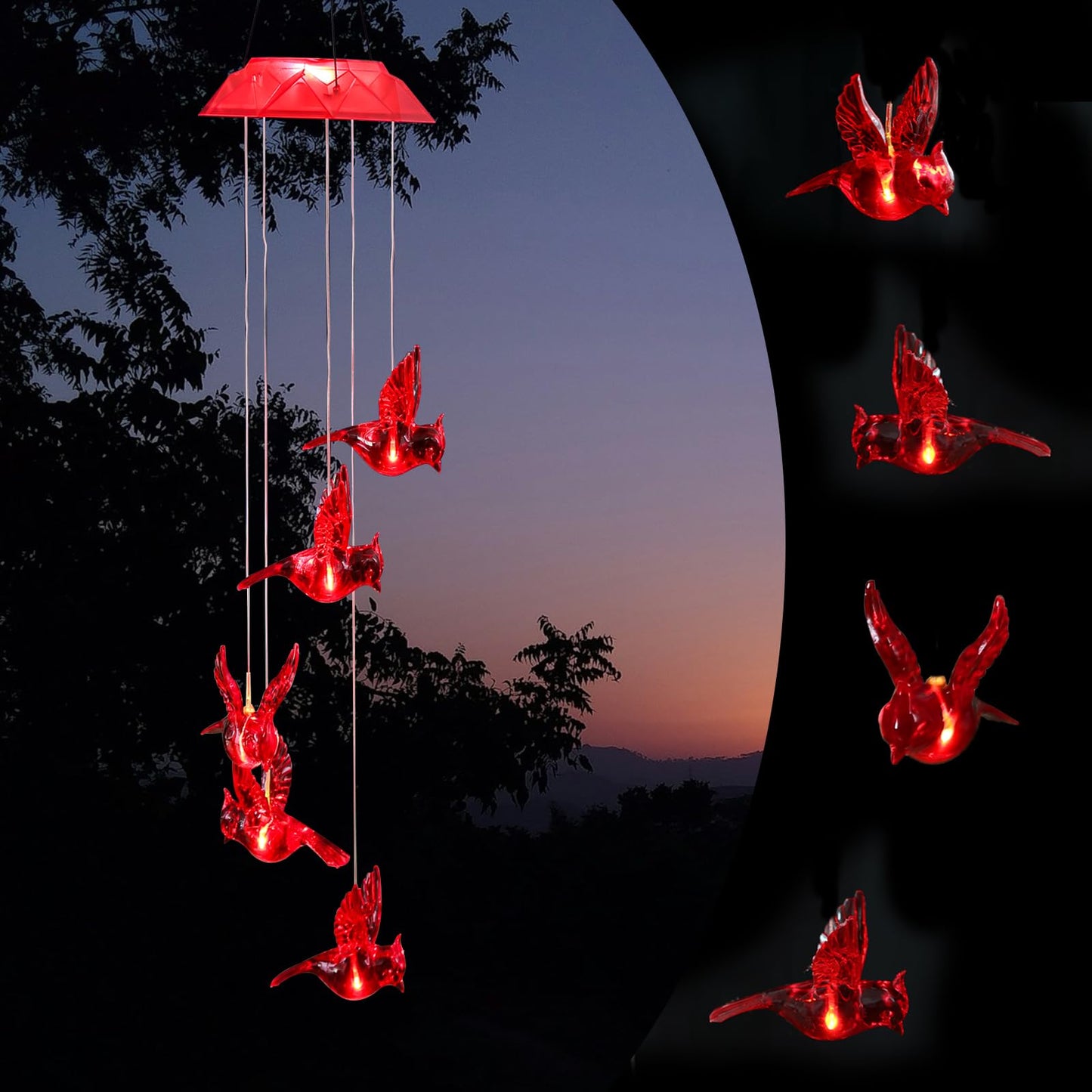 Wind Chime Solar Chimes Warm Light Solar Waterproof Wind Bell Light for Home Party Night Garden Patio Decoration,Red Bird