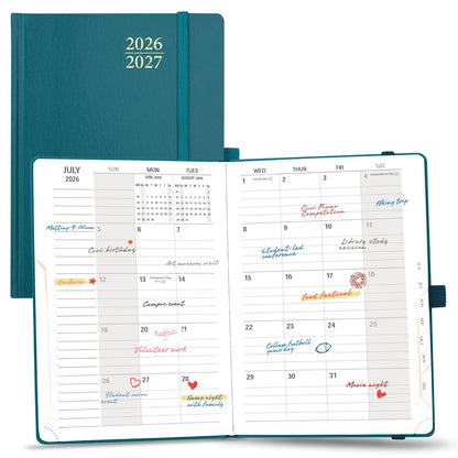 POPRUN Monthly Planner 2026-2027 (6.25" x 8.5"), 18-Month Calendar Book (Jul.26 - Dec.27), Academic Calendar Planner with Monthly Tabs, Inner Pocket, Hard Cover, 100GSM Paper - Pacific Green